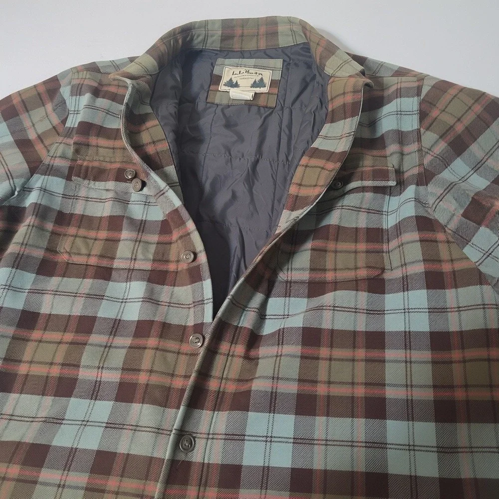 LL Bean Flannel Shirt Jacket Mens XL Blue Brown Plaid Quilted Insulated Lined